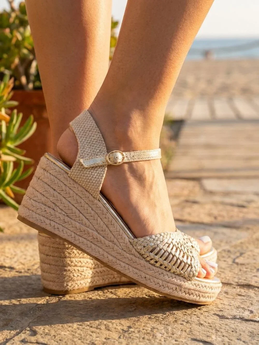 KAYLEEN By Los Angeles Gold Woven Espadrille Wedge Sandals